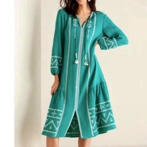 NWT Soft Surroundings Jolie Dress Beachy Gauze Long Sleeve Teal Green Embroidery